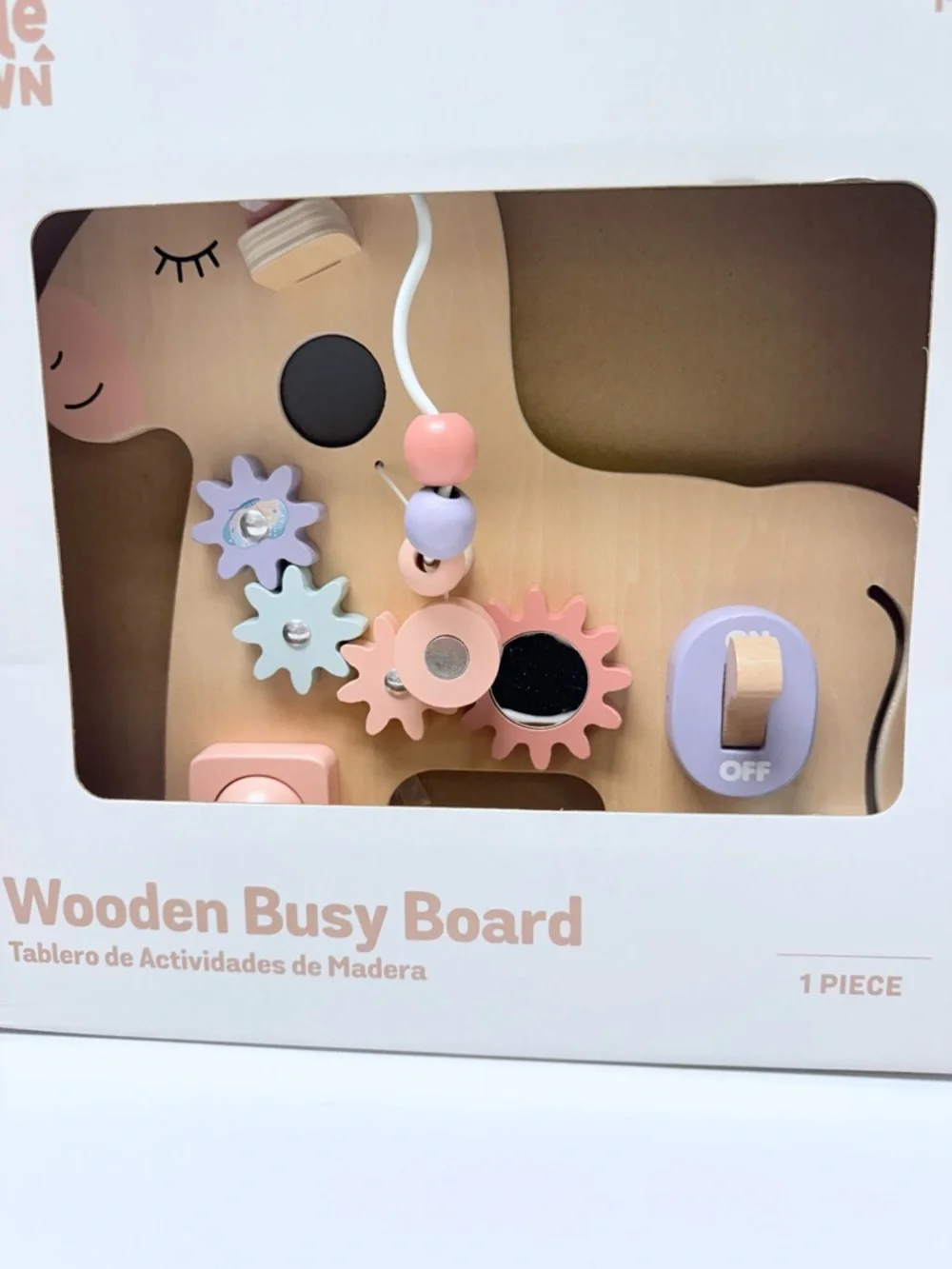 Wooden Unicorn Busy Board Sensory Toy - Tan & Pastel from Aldi Little Town